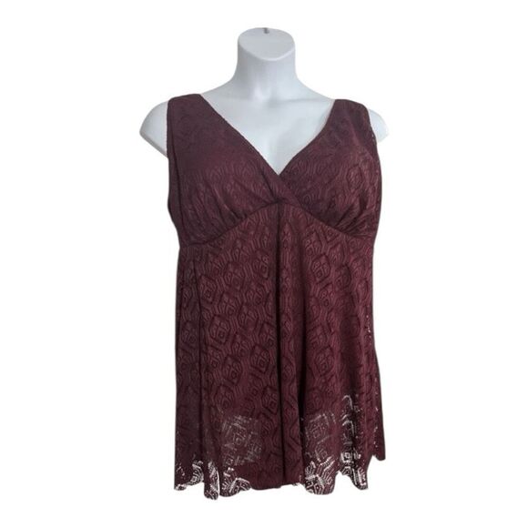 Swimsuits For All Wine Crochet Side Slit V-Neck Swim Dress Plus Size 32 Burgundy - Picture 3 of 13